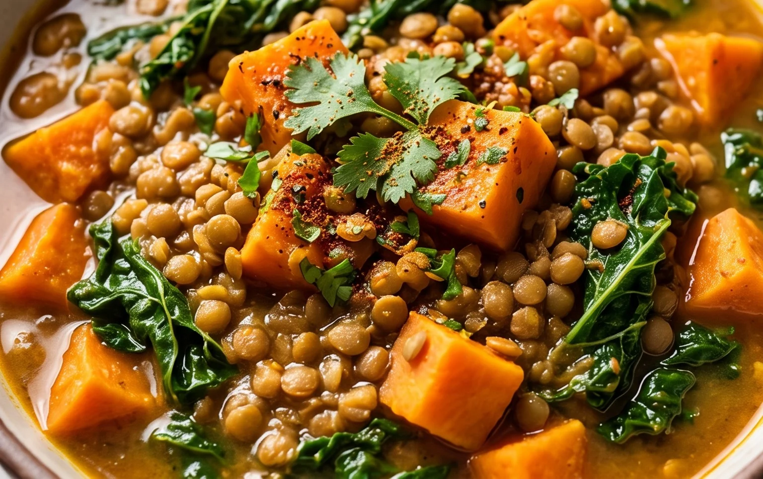 Ginger Sweet Potato and Coconut Milk Stew with Lentils and Kale