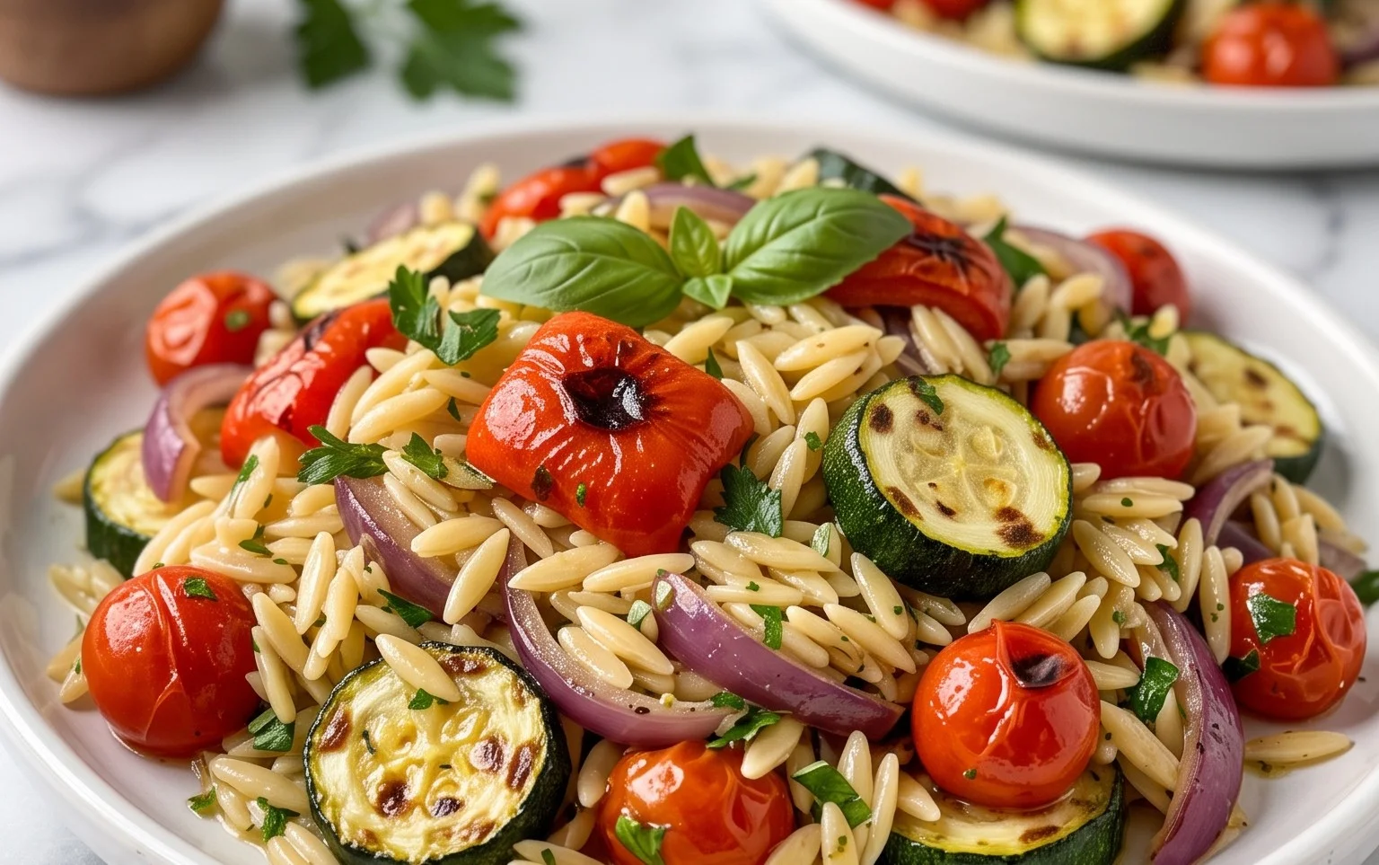 Easy Vegan Roasted Veggie Orzo Salad Recipe